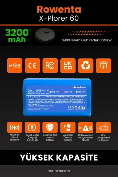 robo-mi Rowenta X-Plorer 60 3200mAh Robot Süpürge Bataryası - Yüksek Yoğunluklu Li-ion Hücre - Resim 3