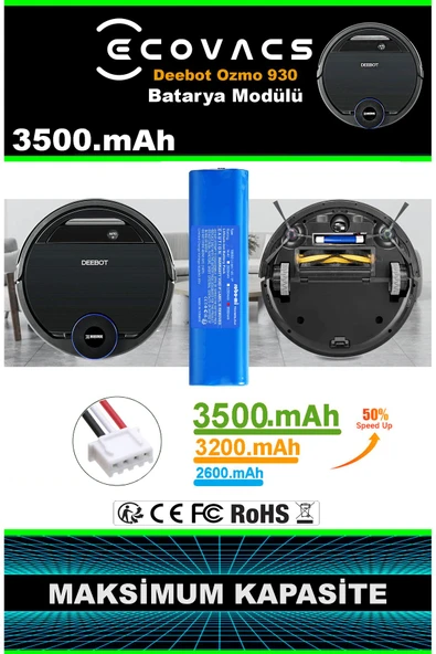 robo-mi Ecovacs Deebot Ozmo 930 3500mAh Robot Süpürge Bataryası - Yüksek Yoğunluklu Li-ion Hücre - Resim 3