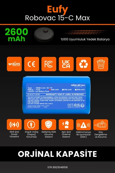 robo-mi Eufy Robovac 15C Max 2600mAh Robot Süpürge Bataryası - Sertifikalı Güvenlik, Gerçek Kapasite - Resim 3