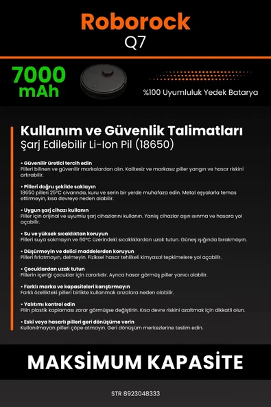 robo-mi Roborock Q7 7000mAh Robot Süpürge Bataryası - Sertifikalı Güvenlik, Gerçek Kapasite - 7