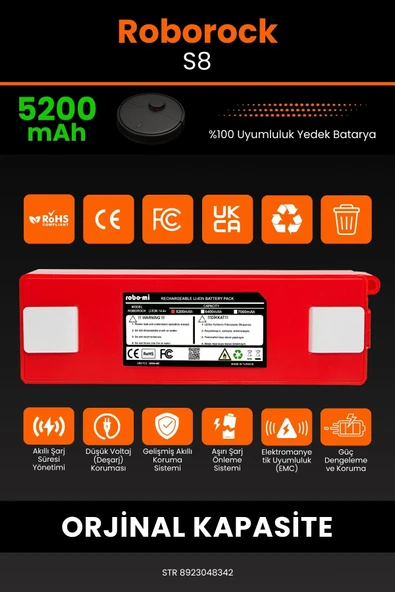 robo-mi Roborock S8 5200mAh Robot Süpürge Bataryası - Sertifikalı Güvenlik, Gerçek Kapasite - 3