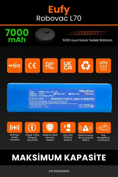 robo-mi Eufy Robovac L70 7000mAh Robot Süpürge Bataryası - Yüksek Yoğunluklu Li-ion Hücre - 3