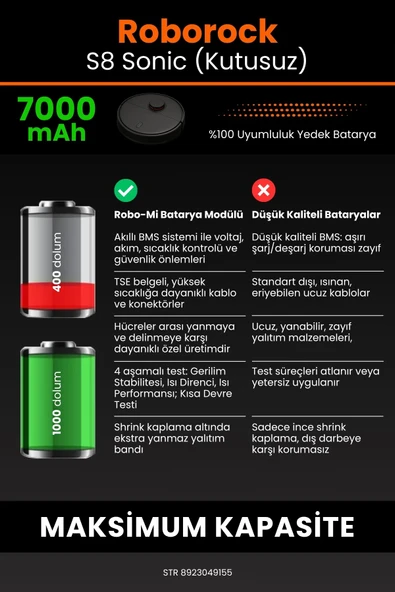 robo-mi Roborock S8 Sonic 7000mAh Robot Süpürge Bataryası - Yüksek Yoğunluklu Li-ion Hücre - 6