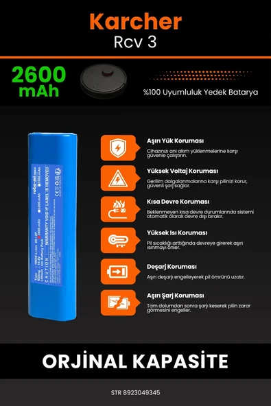 robo-mi Karcher Rcv 3 2600mAh Robot Süpürge Bataryası - Yüksek Yoğunluklu Li-ion Hücre - 5