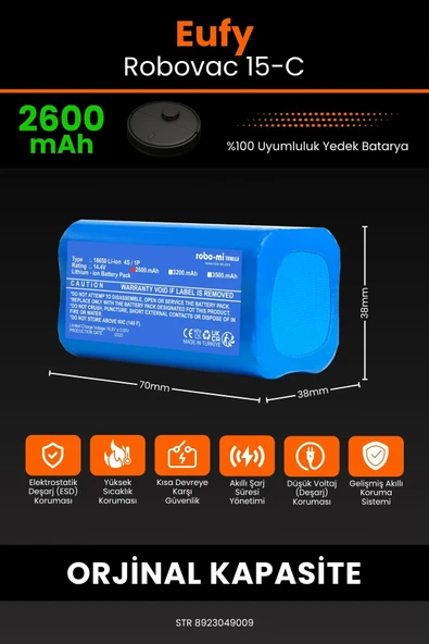 robo-mi Eufy Robovac 15C 2600mAh Robot Süpürge Bataryası - Koruma Katmanlı Batarya Teknolojisi - 2