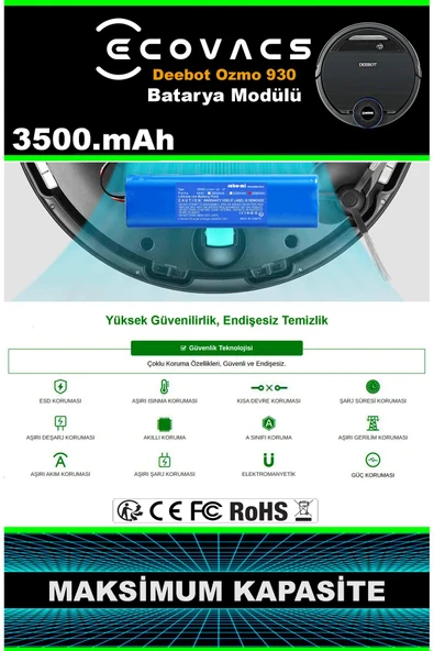 robo-mi Ecovacs Deebot Ozmo 930 3500mAh Robot Süpürge Bataryası - Yüksek Yoğunluklu Li-ion Hücre - Resim 7