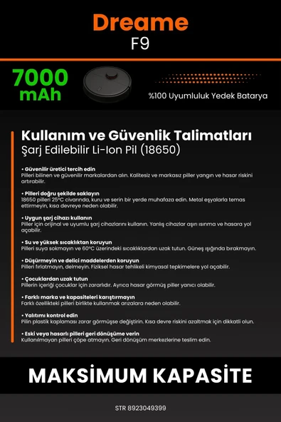robo-mi Dreame F9 Vacuum Mop 7000mAh Robot Süpürge Bataryası - Yüksek Yoğunluklu Li-ion Hücre - 7