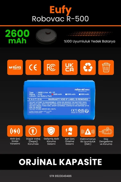 robo-mi Eufy Robovac R500 2600mAh Robot Süpürge Bataryası - Yüksek Yoğunluklu Li-ion Hücre - 3