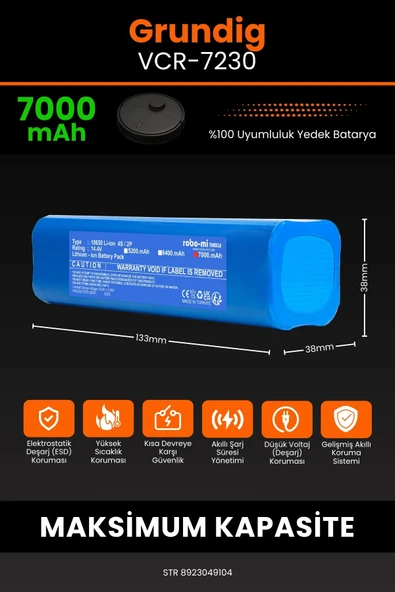 robo-mi Grundig Vcr 7230 7000mAh Robot Süpürge Bataryası - Yüksek Yoğunluklu Li-ion Hücre - Resim 2