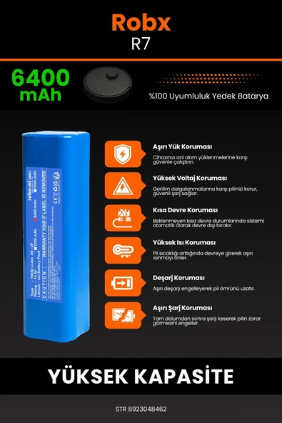 robo-mi Robx R7 6400mAh Robot Süpürge Bataryası - Sertifikalı Güvenlik, Gerçek Kapasite - 5
