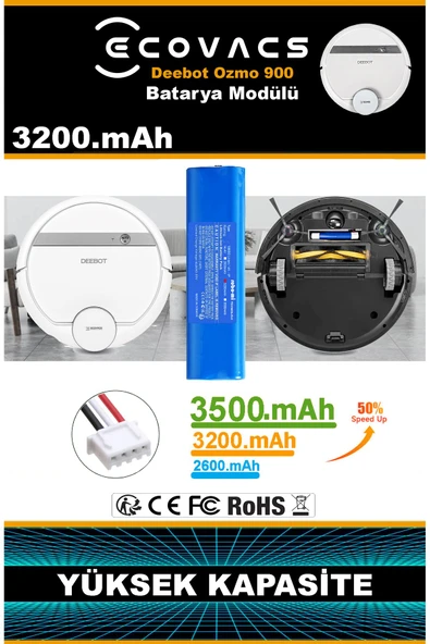 robo-mi Ecovacs Deebot Ozmo 900 3200mAh Robot Süpürge Bataryası - Gerçek Kapasite, Maksimum Güvenlik - 3
