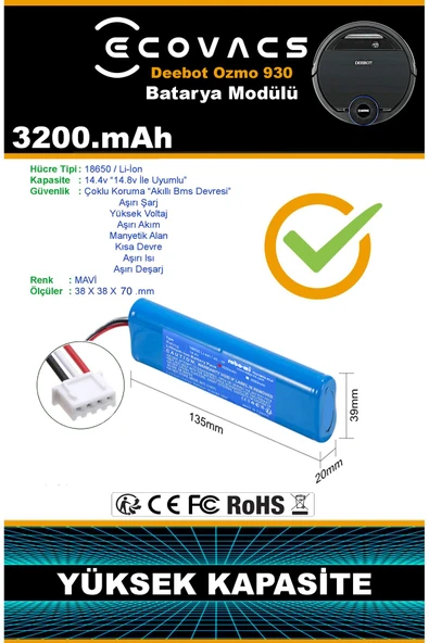 robo-mi Ecovacs Deebot Ozmo 930 3200mAh Robot Süpürge Bataryası - Gerçek Kapasite, Maksimum Güvenlik - 6