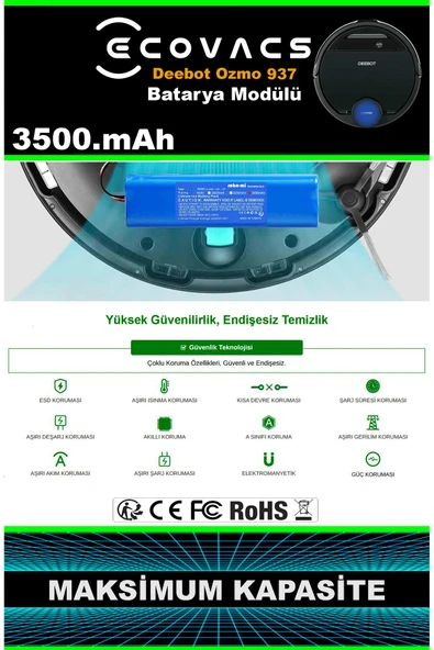robo-mi Ecovacs Deebot Ozmo 937 3500mAh Robot Süpürge Bataryası - Gerçek Kapasite, Maksimum Güvenlik - Resim 7