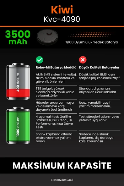 robo-mi Kiwi KVC-4090 3500mAh Robot Süpürge Bataryası - Yüksek Yoğunluklu Li-ion Hücre - Resim 6
