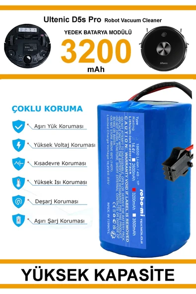 robo-mi Ultenic D5S Pro 3200mAh Robot Süpürge Bataryası - Gerçek Kapasite, Maksimum Güvenlik - 4