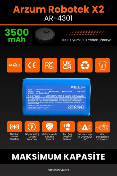 robo-mi Arzum AR4301 Robotek X2 3500mAh Robot Süpürge Bataryası - Gerçek Kapasite, Maksimum Güvenlik - Resim 3