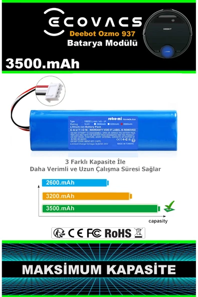 robo-mi Ecovacs Deebot Ozmo 937 3500mAh Robot Süpürge Bataryası - Gerçek Kapasite, Maksimum Güvenlik - Resim 2