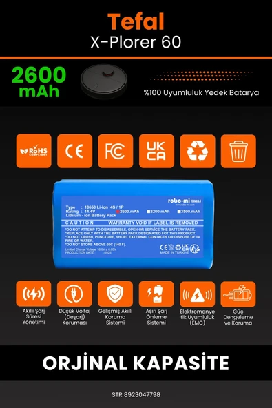 robo-mi Tefal X-Plorer 60 2600mAh Robot Süpürge Bataryası - Gerçek Kapasite, Maksimum Güvenlik - Resim 3