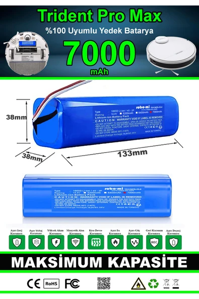 robo-mi Trident Pro Max 7000mAh Robot Süpürge Bataryası - Gerçek Kapasite, Maksimum Güvenlik - 6