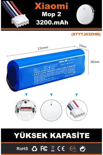 robo-mi Xiaomi Mi Vacuum Mop 2 STYTJ03ZHM 3200mAh Robot Süpürge Bataryası - Gerçek Kapasite - 5