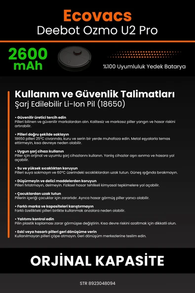 robo-mi Ecovacs Deebot Ozmo U2 Pro 2600mAh Robot Süpürge Bataryası - Gerçek Kapasite, Maksimum Güvenlik - Resim 7