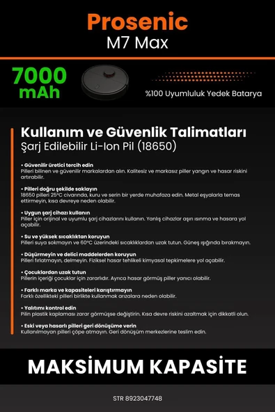 robo-mi Proscenic M7 Max 7000mAh Robot Süpürge Bataryası - Gerçek Kapasite, Maksimum Güvenlik - 7