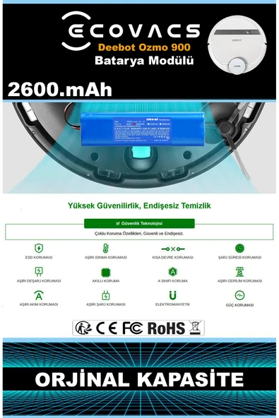 robo-mi Ecovacs Deebot Ozmo 900 2600mAh Robot Süpürge Bataryası - Gerçek Kapasite, Maksimum Güvenlik - Resim 7