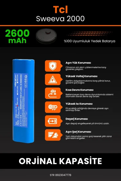 robo-mi Tcl Sweeva 2000 2600mAh Robot Süpürge Bataryası - Gerçek Kapasite, Maksimum Güvenlik - 5
