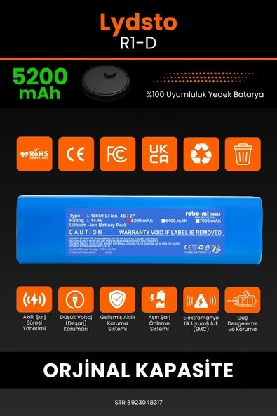 robo-mi Lydsto R1-D 5200mAh Robot Süpürge Bataryası - Sertifikalı Güvenlik, Gerçek Kapasite - 3
