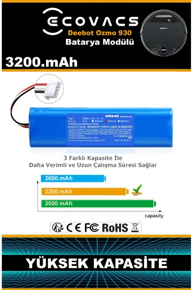 robo-mi Ecovacs Deebot Ozmo 930 3200mAh Robot Süpürge Bataryası - Gerçek Kapasite, Maksimum Güvenlik - 2