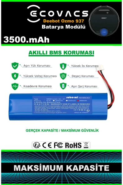 robo-mi Ecovacs Deebot Ozmo 937 3500mAh Robot Süpürge Bataryası - Gerçek Kapasite, Maksimum Güvenlik - Resim 3