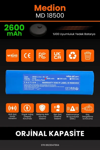 robo-mi Medion MD 18500 2600mAh Robot Süpürge Bataryası - Gerçek Kapasite, Maksimum Güvenlik - 3