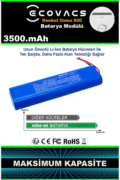robo-mi Ecovacs Deebot Ozmo 900 3500mAh Robot Süpürge Bataryası - Gerçek Kapasite, Maksimum Güvenlik - Resim 5