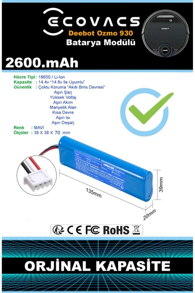 robo-mi Ecovacs Deebot Ozmo 900 2600mAh Robot Süpürge Bataryası - Yüksek Yoğunluklu Li-ion Hücre - Resim 6