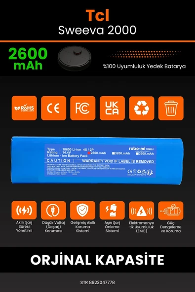 robo-mi Tcl Sweeva 2000 2600mAh Robot Süpürge Bataryası - Gerçek Kapasite, Maksimum Güvenlik - 2