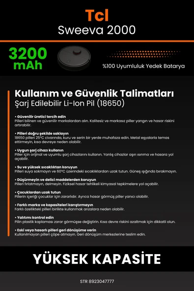 robo-mi Tcl Sweeva 2000 3200mAh Robot Süpürge Bataryası - Gerçek Kapasite, Maksimum Güvenlik - 7
