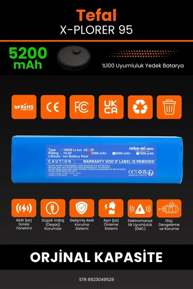 robo-mi Tefal X-Plorer 95 5200mAh Robot Süpürge Bataryası - Yüksek Yoğunluklu Li-ion Hücre - 3