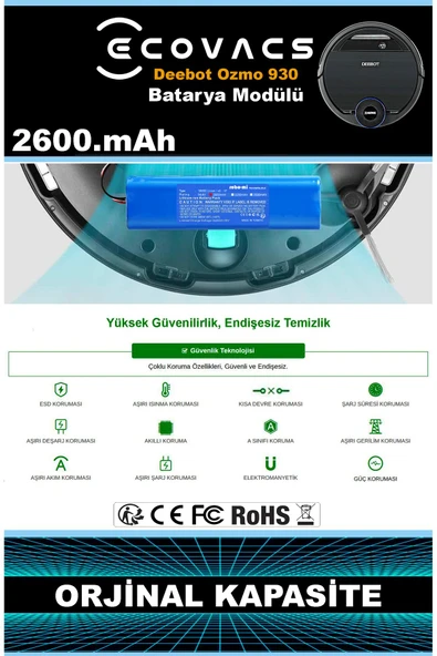 robo-mi Ecovacs Deebot Ozmo 900 2600mAh Robot Süpürge Bataryası - Yüksek Yoğunluklu Li-ion Hücre - Resim 7