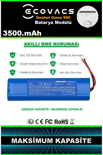 robo-mi Ecovacs Deebot Ozmo 900 3500mAh Robot Süpürge Bataryası - Gerçek Kapasite, Maksimum Güvenlik - Resim 4
