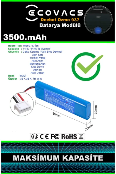robo-mi Ecovacs Deebot Ozmo 937 3500mAh Robot Süpürge Bataryası - Gerçek Kapasite, Maksimum Güvenlik - Resim 5