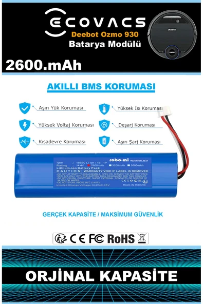 robo-mi Ecovacs Deebot Ozmo 900 2600mAh Robot Süpürge Bataryası - Yüksek Yoğunluklu Li-ion Hücre - Resim 4