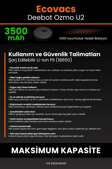 robo-mi Ecovacs Deebot Ozmo U2 3500mAh Robot Süpürge Bataryası - Gerçek Kapasite, Maksimum Güvenlik - Resim 7