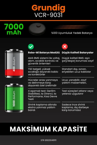 robo-mi Grundig Vcr 9031 7000mAh Robot Süpürge Bataryası - Yüksek Yoğunluklu Li-ion Hücre - 6