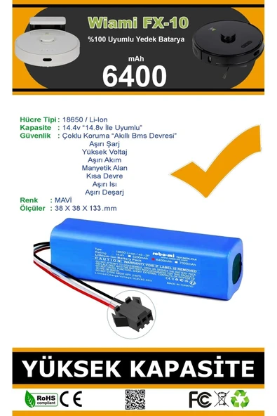 robo-mi Wiami FX-10 6400mAh Robot Süpürge Bataryası - Gerçek Kapasite, Maksimum Güvenlik - Resim 5