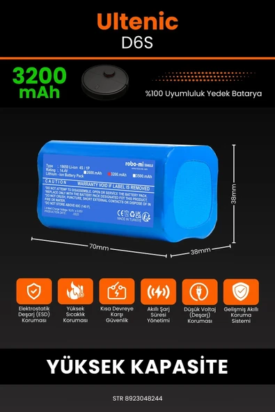 robo-mi Ultenic D6S 3200mAh Robot Süpürge Bataryası - Sertifikalı Güvenlik, Gerçek Kapasite - 2
