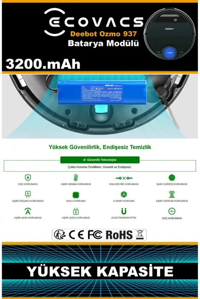 robo-mi Ecovacs Deebot Ozmo 937 3200mAh Robot Süpürge Bataryası - Gerçek Kapasite, Maksimum Güvenlik - Resim 7