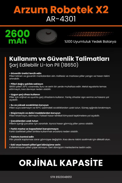 robo-mi Arzum AR4301 Robotek X2 2600mAh Robot Süpürge Bataryası - Koruma Katmanlı Batarya Teknolojisi - Resim 7