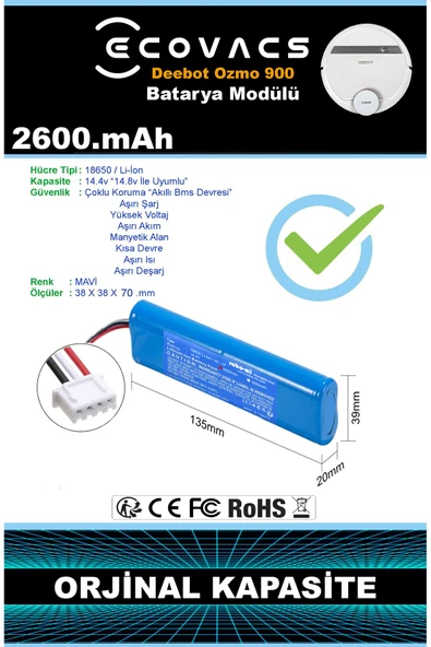 robo-mi Ecovacs Deebot Ozmo 900 2600mAh Robot Süpürge Bataryası - Gerçek Kapasite, Maksimum Güvenlik - Resim 6