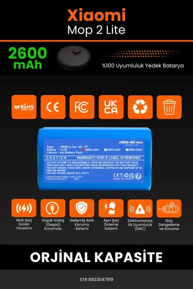 robo-mi Xiaomi Mi Vacuum Mop 2 Lite 2600mAh Robot Süpürge Bataryası - Gerçek Kapasite, Maksimum Güvenlik - 3