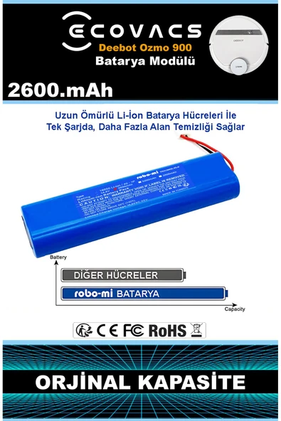 robo-mi Ecovacs Deebot Ozmo 900 2600mAh Robot Süpürge Bataryası - Gerçek Kapasite, Maksimum Güvenlik - Resim 5